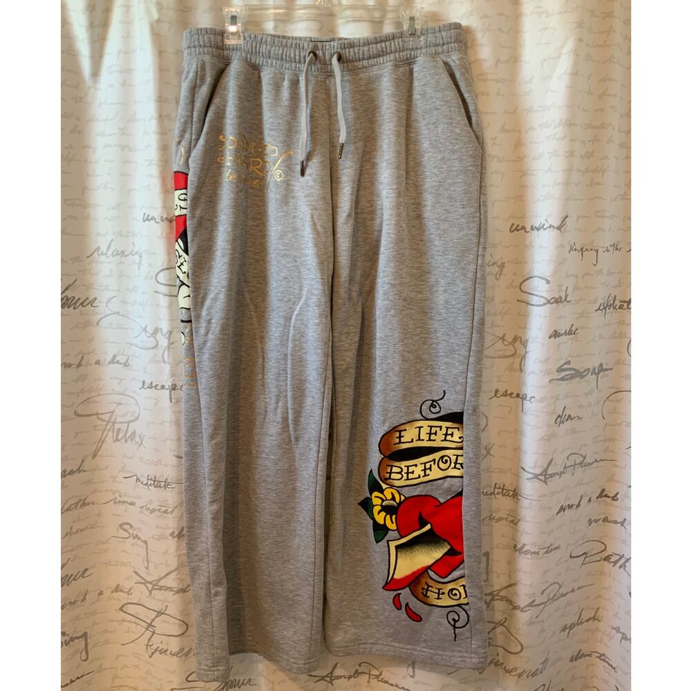 Vintage Ed Hardy Y2K Wide Leg Gray Sweatpants Graphic Streetwear Large
